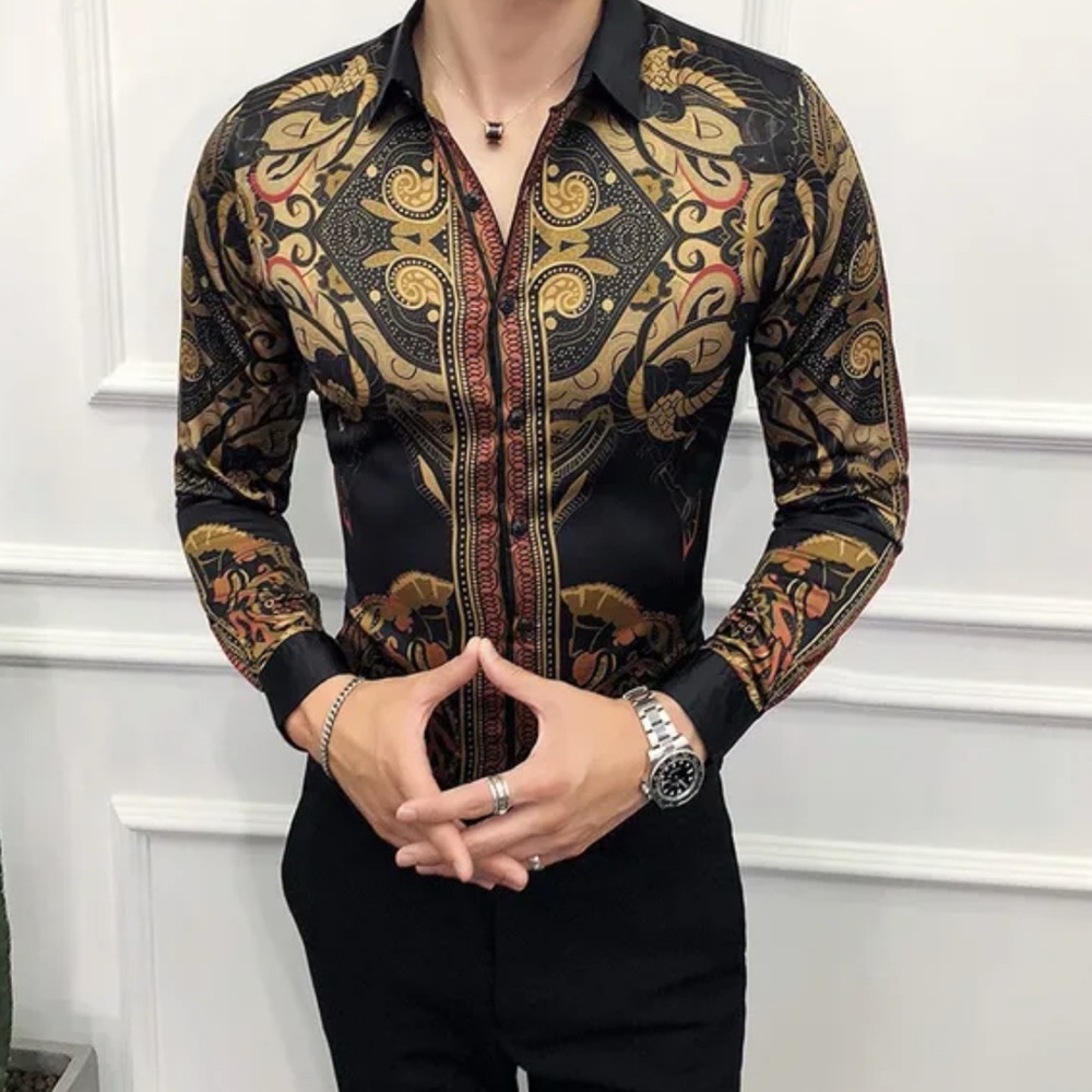 Men's Black and Gold Patterned Shirt